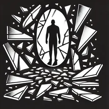 A lone figure with shattered mirrors, symbolizing self-criticism and judgment.