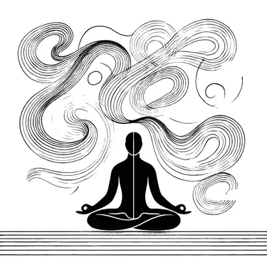 A meditating figure with swirling lines, symbolizing the paradox of inner peace slipping away as its pursued.