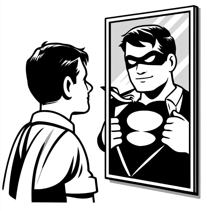 a person looking at a mirror and seeing a superhero version of themselves reflected, using warm brown tones to create a vintage feel. This image symbolizes self-realization and overcoming self-doubt in a timeless manner